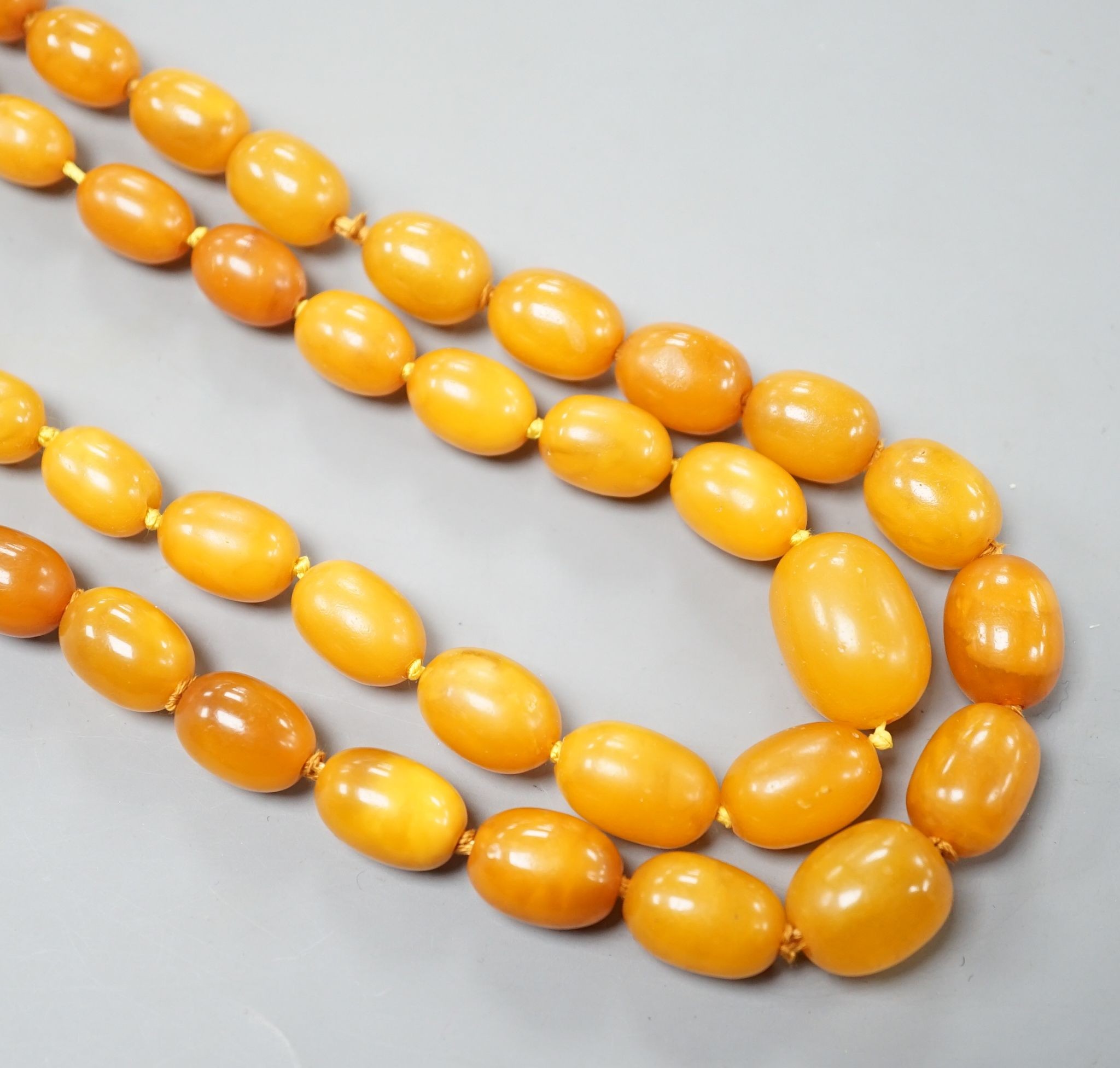 Two single strand graduated oval amber bead necklace, longest 70cm, gross weight 72 grams.